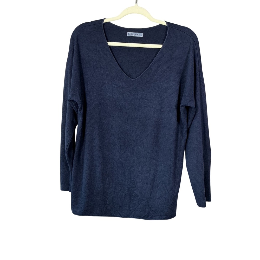 New Collection Navy Blue V-Neck Wool Angora Blend Sweater Made in Italy Size L